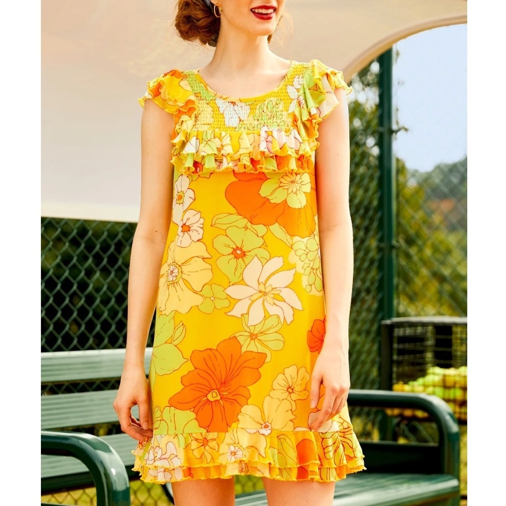 ModCloth Retro That Tropical 'Frilling' Mesh Mini Dress, Yellow Orange, L(NWT) - Picture 2 of 16